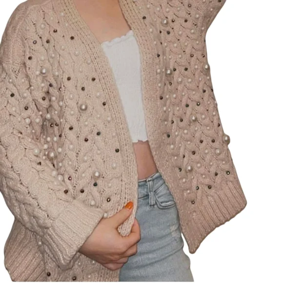 Bibi Boutique Brand Twisted Knit Open Cardigan With Pearls M - Picture 1 of 12